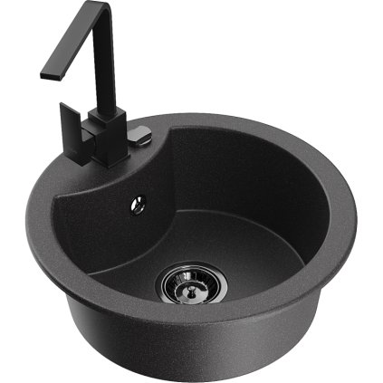 Mexen Diego, 1 rekeszes gránit mosogató 488x488x167 mm, fekete szifon, fekete matt csaptelep Rita, fekete foltos, 6512-76-670300-70-B