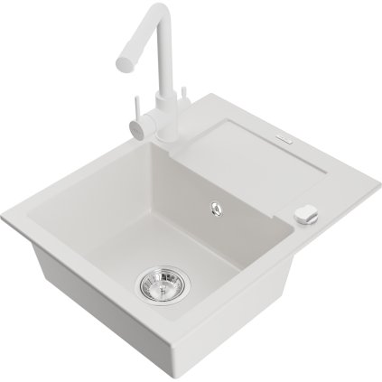 Mexen Enzo, gránit mosogató 576x465x174 mm, 1 kamrás, fehér matt Duero csaptelep, fehér, 6506-20-671600-20