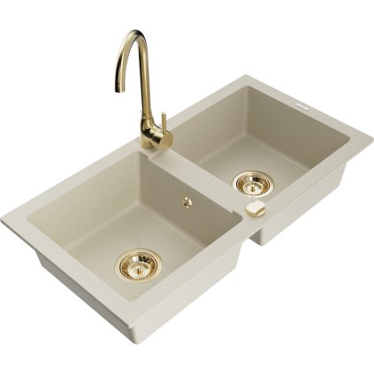 Mexen Mario, 2 kamrás gránit mosogató 820x436x161 mm és Telma arany fényes mosogató csaptelep, bézs, 6504-69-670200-50