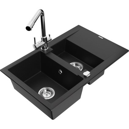 Mexen Gaspar, gránit mosogató 737x475x177 mm, 1,5 kamrás, Duero króm csaptelep, fekete, 6507-77-671600-00