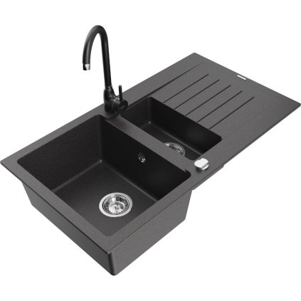 Mexen Matias, gránit mosogató 900x505x200 mm, 1,5 kamrás és fekete Telma csaptelep, fekete foltos, 6502-76-670200-70