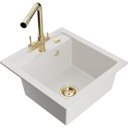 Mexen Vito, 1 kamrás gránit mosogató 520x490x210 mm, Duero arany csaptelep, fehér, 6503-20-671600-50