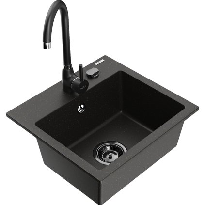 Mexen Milo, 1 kamrás gránit mosogató 435x410x171 mm és fekete Telma csaptelep, fekete-arany metál, 6505-75-670200-70-B