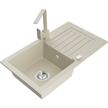 Mexen Pablo, gránit mosogató 752x436x161 mm, 1 kamrás és bézs csaptelep Rita, bézs, 6510-69-670300-69
