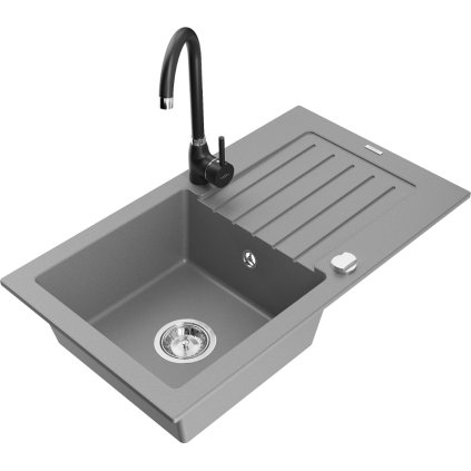 Mexen Pablo, gránit mosogató 752x436x161 mm, 1 kamrás és fekete Telma csaptelep, szürke, 6510-71-670200-70