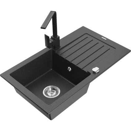 Mexen Pablo, gránit mosogató 752x436x161 mm, 1 kamrás és fekete foltos csaptelep Rita, fekete foltos, 6510-76-670300-76
