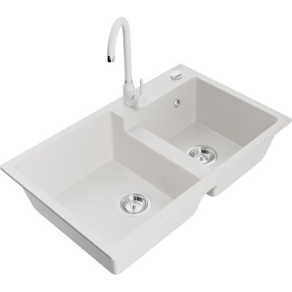 Mexen Tomas, gránit mosogató 800x500x190 mm, 2 kamrás és fehér Telma csaptelep, fehér, 6516-20-670200-20