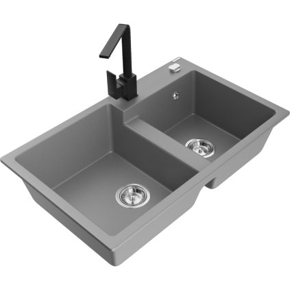 Mexen Tomas, gránit mosogató 800x500x190 mm, 2 kamrás és fekete csaptelep Rita, szürke, 6516-71-670300-70