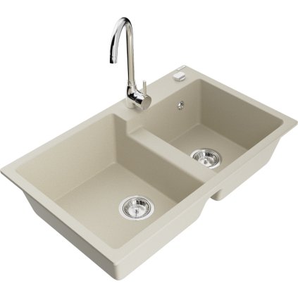 Mexen Tomas, gránit mosogató 800x500x190 mm, 2 kamrás és króm csaptelep Telma, bézs, 6516-69-670200-00