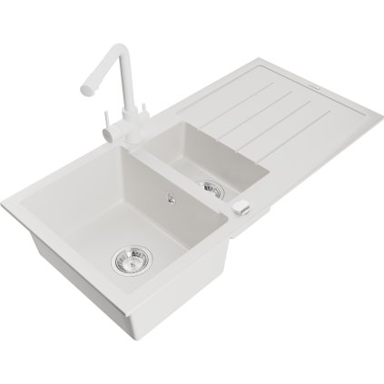 Mexen Andres, gránit mosogató 1000x500x200 mm, 1,5 kamrás + fehér csaptelep Duero, fehér, 6515-20-671600-20