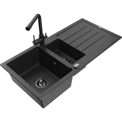 Mexen Andres, gránit mosogató 1000x500x200 mm, 1,5 kamrás + fekete Duero csaptelep, fekete-ezüst metál, 6515-73-671600-70-B