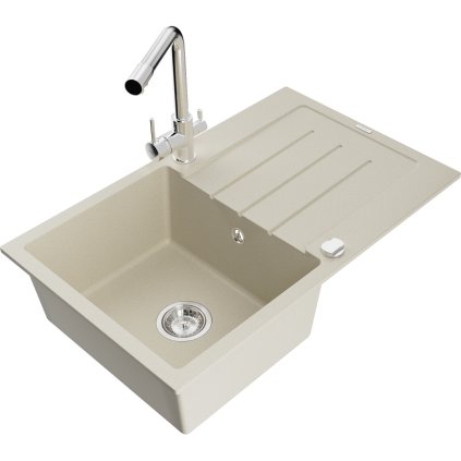 Mexen Bruno, 1 kamrás gránit mosogató lefolyóval 795x495x200 mm és Duero króm csapteleppel, bézs, 6513-69-671600-00