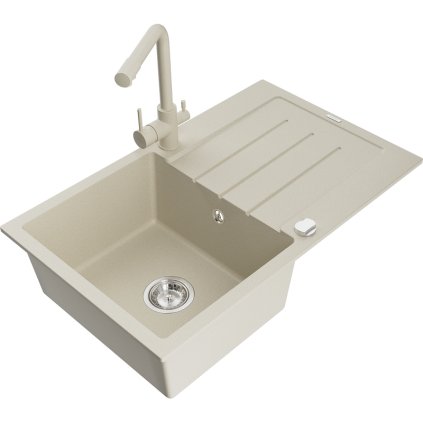 Mexen Bruno, 1 kamrás gránit mosogató vízelvezetővel 795x495x200 mm Duero króm csapteleppel, bézs, 6513-69-671600-69