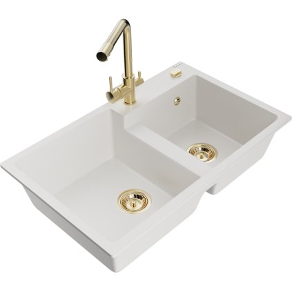 Mexen Tomas, gránit mosogató 800x500x190 mm, 2 kamrás és fehér Duero csaptelep, fehér, 6516-20-671600-50