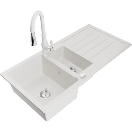 Mexen Andres, 1,5 kamrás gránit mosogató 1000x500x200 mm és Savita mosogató csaptelep, fehér, 6515-20-672601-20