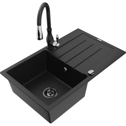 Mexen Bruno, 1 kamrás gránit mosogató 795x495x200 mm és Savita mosogató csaptelep, fekete, 6513-77-672601-70-B