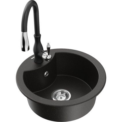 Mexen Diego, 1 kamrás gránit mosogató 488x488x167 mm és Savita mosogató csaptelep, fekete-arany metál, 6512-75-672601-70