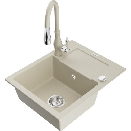 Mexen Enzo, 1 kamrás gránit mosogató 576x465x174 mm és Savita mosogató csaptelep, bézs, 6506-69-672601-69