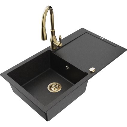 Mexen Leo, 1 kamrás gránit mosogató 900x500x190 mm és Savita mosogató csaptelep, fekete-ezüst metál, 6501-73-672601-50