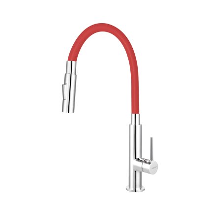 Ferro Zumba Slim - Mosogató/magas csaptelep rugalmas karral és zuhanyzóval, piros / króm, 70730-0CV