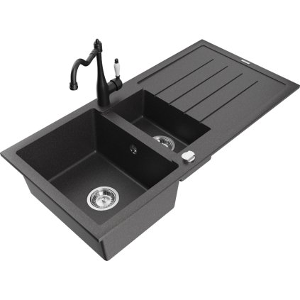 Mexen Andres, gránit mosogató 1000x500x200 mm, 1,5 kamrás és mosogató csaptelep Carla, fekete foltos, 6515-76-670700-70