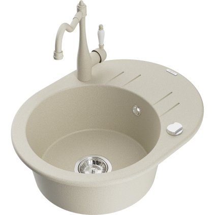 Mexen Kevin, gránit mosogató 586x458x190 mm, 1 kamrás és Carla mosogató csaptelep, bézs, 6517-69-670700-69