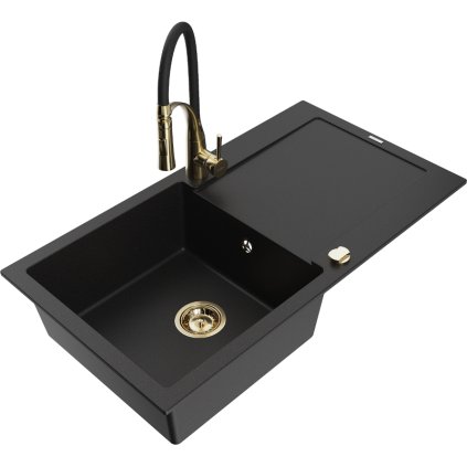 Mexen Leo, gránit mosogató 900x500x190 mm, 1 kamrás és Aster mosogató csaptelep, fekete, 6501-77-73450-57-G