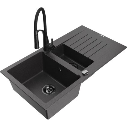 Mexen Matias, gránit mosogató 900x505x200 mm, 1,5 kamrás és Aster mosogató csaptelep, fekete foltos, 6502-76-73450-70-B