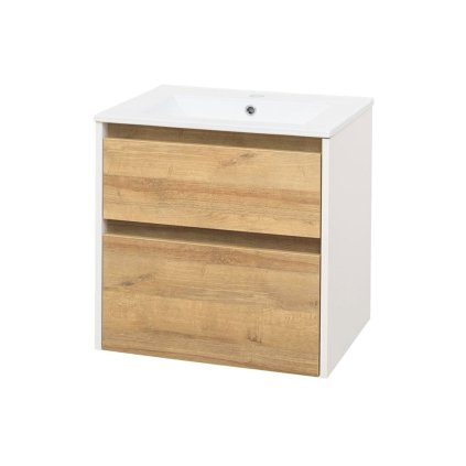 Mereo, Opto, fürdőszoba szekrény kerámia mosdóval 61 cm, fehér-tölgy riviéra, MER-CN930