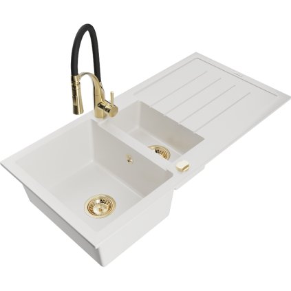 Mexen Andres, 1,5 kamrás gránit mosogató 1000x500x200 mm és Aster mosogató csaptelep, fehér, 6515-20-73450-57-G