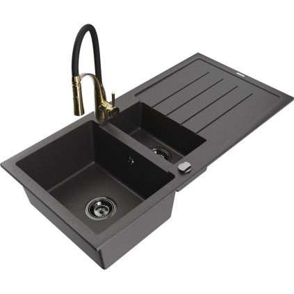 Mexen Andres, 1,5 kamrás gránit mosogató 1000x500x200 mm és Aster mosogató csaptelep, fekete foltos, 6515-76-73450-57-B