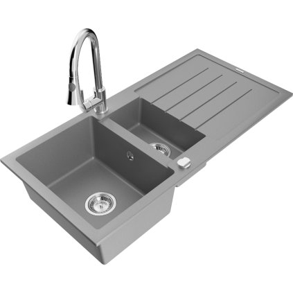 Mexen Andres, 1,5 kamrás gránit mosogató 1000x500x200 mm és Elia mosogató csaptelep, szürke, 6515-71-670101-00
