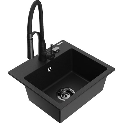 Mexen Milo, 1 kamrás gránit mosogató 435x410x171 mm és Aster mosogató csaptelep, fekete, 6505-77-73450-70-B
