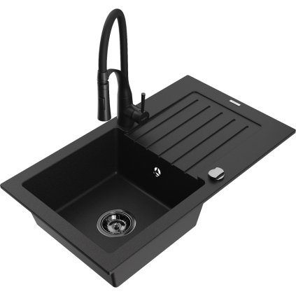 Mexen Pablo, 1 kamrás gránit mosogató 752x436x161 mm és Aster mosogató csaptelep, fekete, 6510-77-73450-70-B