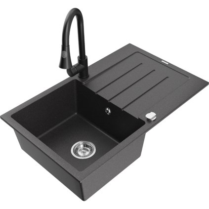 Mexen Bruno, 1 kamrás gránit mosogató 795x495x200 mm és Elia mosogató csaptelep, fekete foltos, 6513-76-670101-70