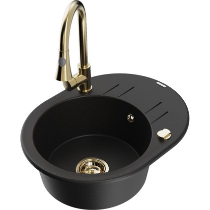 Mexen Kevin, 1 kamrás gránit mosogató 586x458x190 mm és Elia mosogató csaptelep, fekete, 6517-77-670101-50