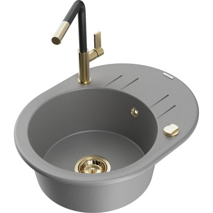 Mexen Kevin, 1 kamrás gránit mosogató 586x458x190 mm és Flora mosogató csaptelep, szürke, 6517-71-670401-57-G