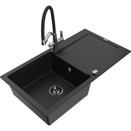 Mexen Leo, 1 kamrás gránit mosogató 900x500x190 mm és Duo mosogató csaptelep, fekete, 6501-77-671701-07-B
