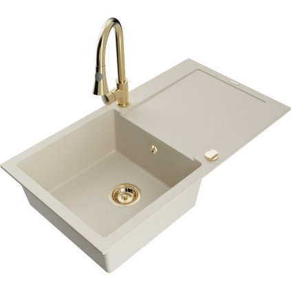 Mexen Leo, 1 kamrás gránit mosogató 900x500x190 mm és Elia mosogató csaptelep, bézs, 6501-69-670101-50