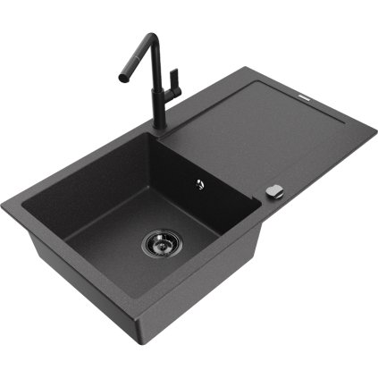 Mexen Leo, 1 kamrás gránit mosogató 900x500x190 mm és Flora mosogató csaptelep, fekete foltos, 6501-76-670401-70-B