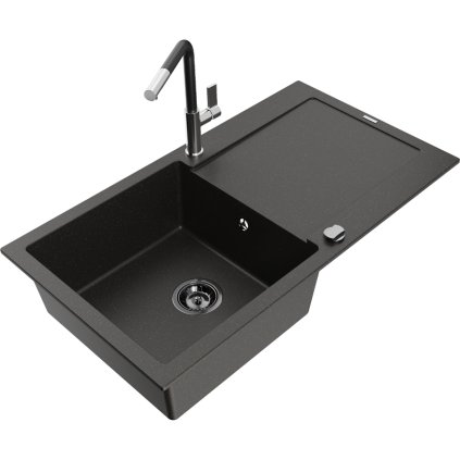 Mexen Leo, 1 kamrás gránit mosogató 900x500x190 mm és Flora mosogató csaptelep, fekete-arany metál, 6501-75-670401-07-B