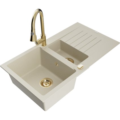 Mexen Matias, 1,5 kamrás gránit mosogató 900x505x200 mm és Elia mosogató csaptelep, bézs, 6502-69-670101-50