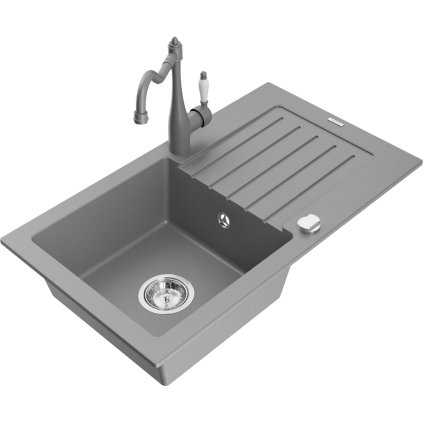 Mexen Pablo, 1 kamrás gránit mosogató 752x436x161 mm és mosogató csaptelep Carla, szürke, 6510-71-670700-71