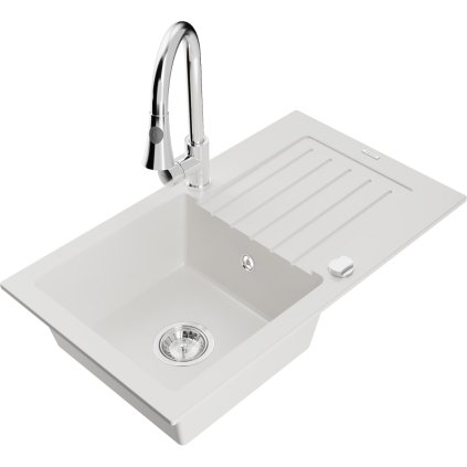 Mexen Pablo, 1 kamrás gránit mosogató 752x436x161 mm és Elia mosogató csaptelep, fehér, 6510-20-670101-00