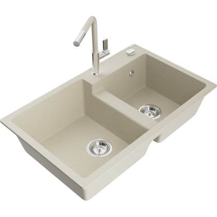 Mexen Tomas, 2 kamrás gránit mosogató 800x500x190 mm és Flora mosogató csaptelep, bézs, 6516-69-670401-09