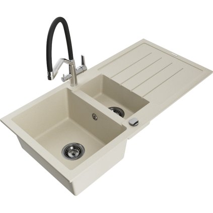 Mexen Andres, gránit mosogató 1000x500x200 mm, 1,5 kamrás és Duo mosogató csaptelep, bézs, 6515-69-671701-07-B