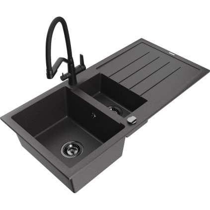 Mexen Andres, gránit mosogató 1000x500x200 mm, 1,5 kamrás és Duo mosogató csaptelep, fekete foltos, 6515-76-671701-70-B