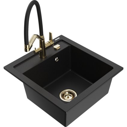 Mexen Vito, 1 kamrás gránit mosogató 520x490x210 mm, Duo mosogató csaptelep, fekete, 6503-77-671701-57-G