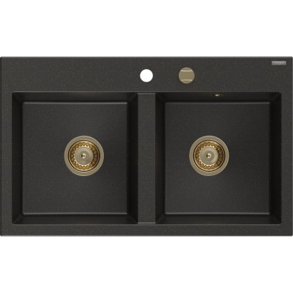 Mexen Hektor, 2 kamrás gránit mosogató 800x480x205 mm, fekete-arany metál, arany szifon, 6521802000-75-G