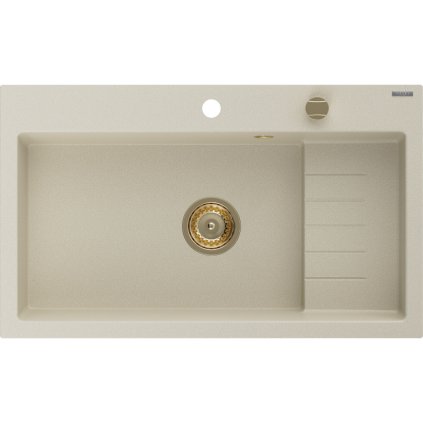 Mexen Omar, 1 kamrás gránit mosogató 800x480x210 mm, bézs, arany szifon, 6520801005-69-G